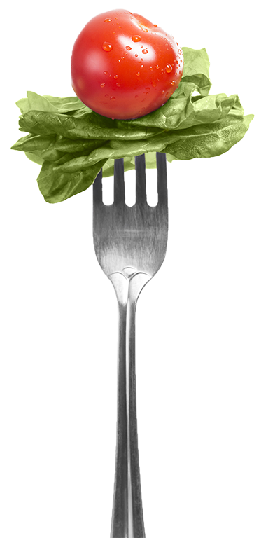 lettuce and small tomato on a fork for online nutrition coaching