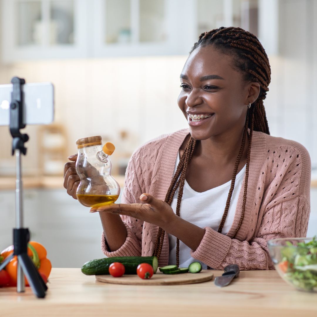 woman looking at nutritional food on camera